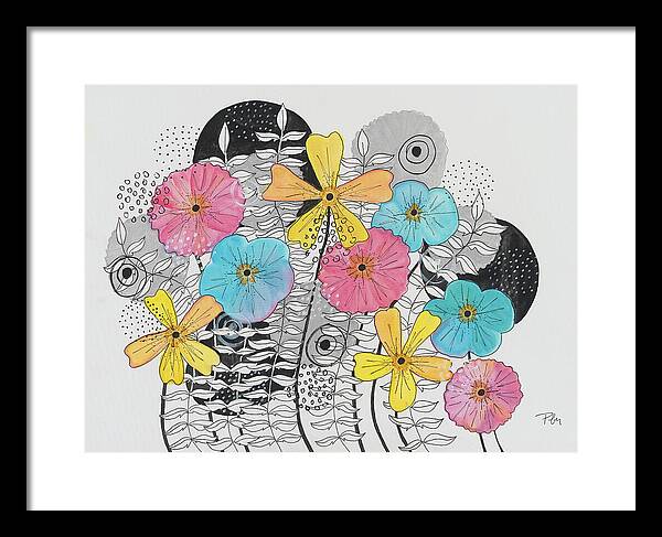 Pink Blue Yellow Floral Fine Art Print - Framed Print