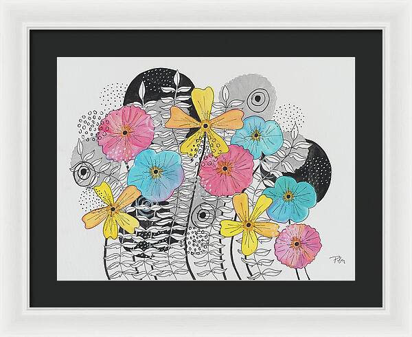 Pink Blue Yellow Floral Fine Art Print - Framed Print