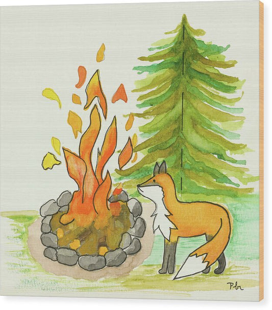 Fox Campfire Kids Room Fine Art Print - Wood Print