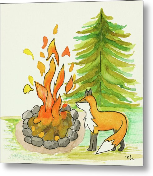 Fox Campfire Kids Room Fine Art Print - Metal Print