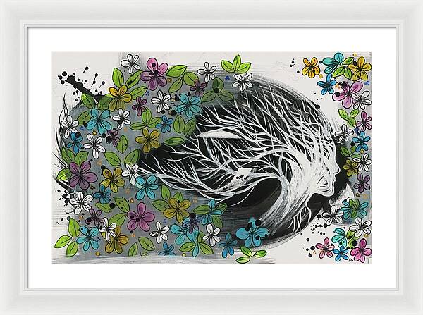 Pink Blue Gold Female Botanical Fine Art Print - Framed Print