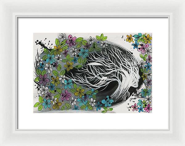 Pink Blue Gold Female Botanical Fine Art Print - Framed Print