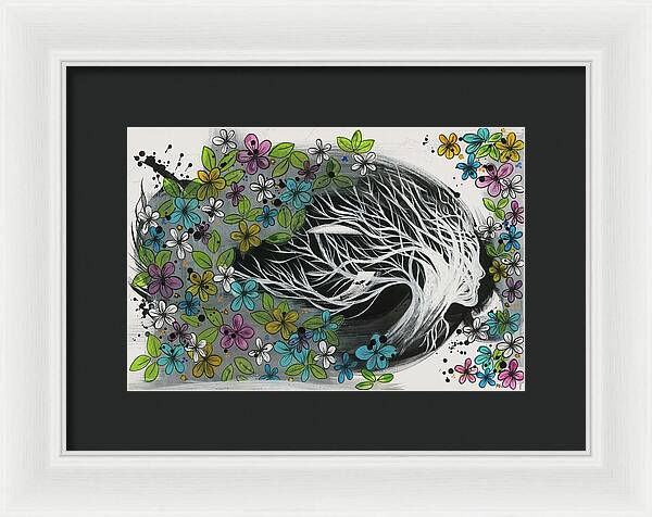 Pink Blue Gold Female Botanical Fine Art Print - Framed Print