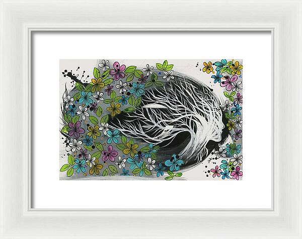 Pink Blue Gold Female Botanical Fine Art Print - Framed Print