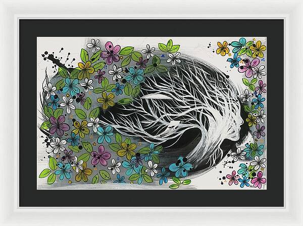 Pink Blue Gold Female Botanical Fine Art Print - Framed Print