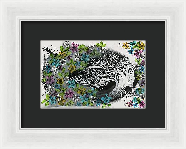 Pink Blue Gold Female Botanical Fine Art Print - Framed Print