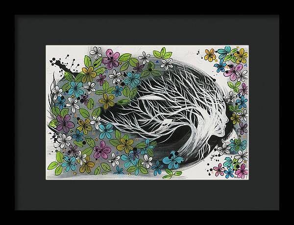 Pink Blue Gold Female Botanical Fine Art Print - Framed Print